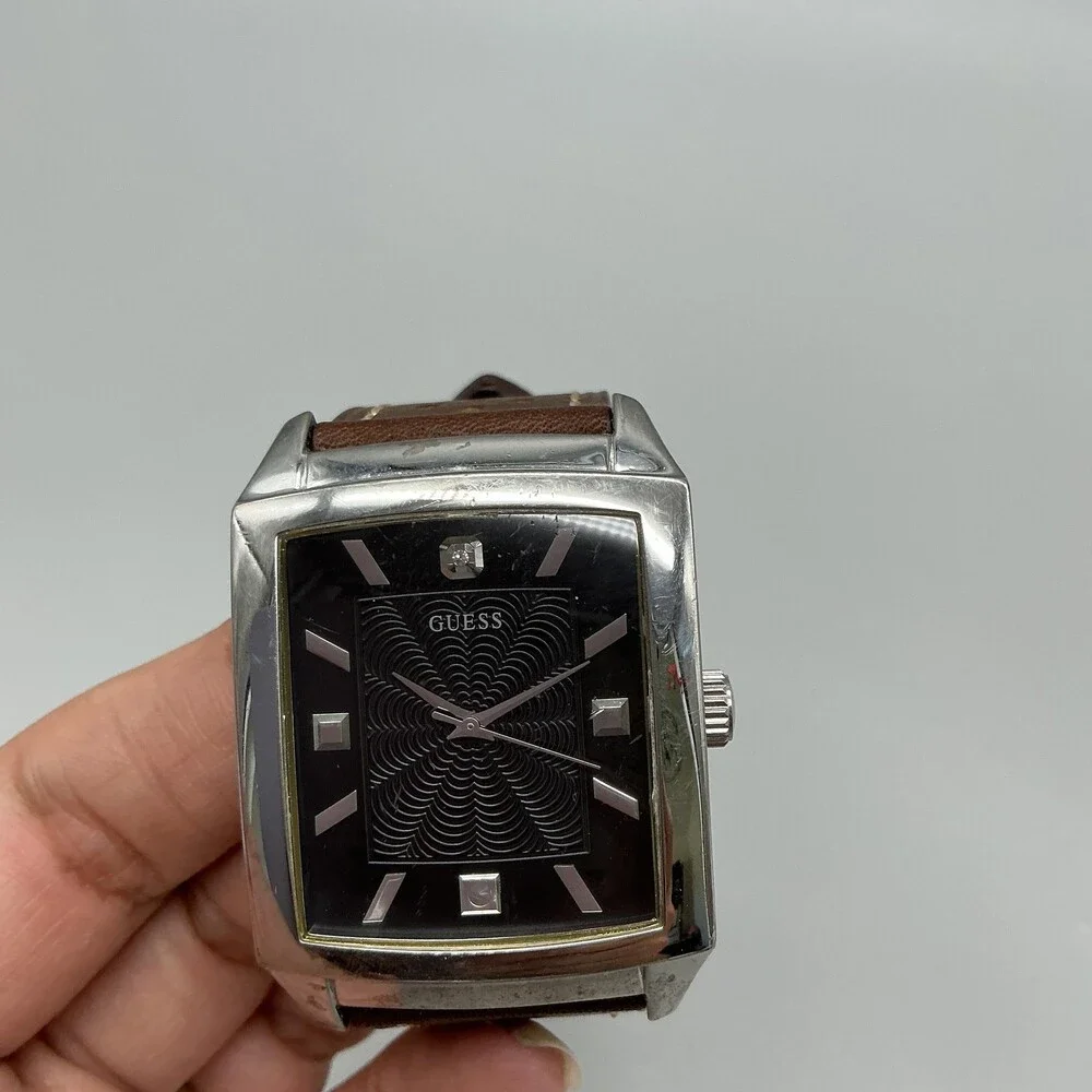 Guess Mens Watch 35mm Black Dial Brown Leather Rectangle Dress New Battery